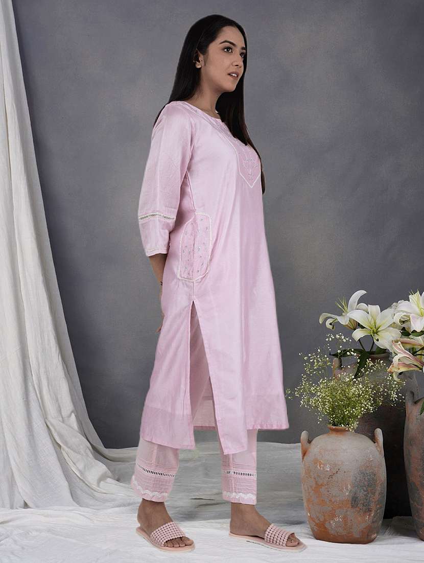 women solid with work three quarter sleeve kurta pant set - 21975145 -  Standard Image - 1
