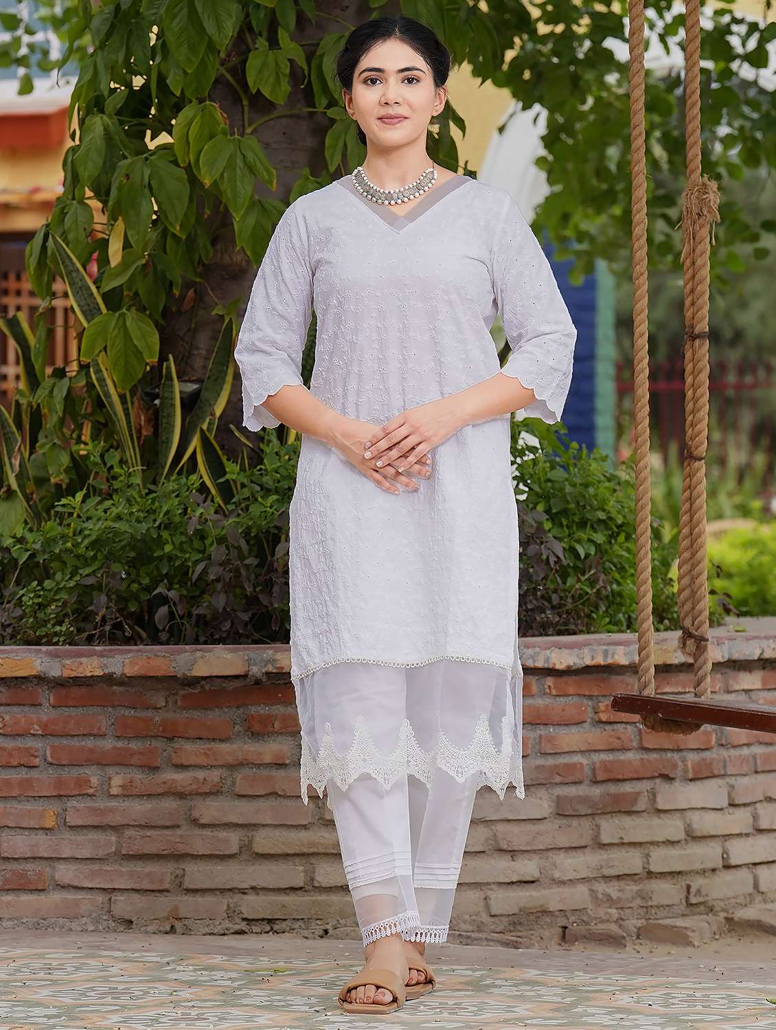 women three quarter sleeve kurta pant with dupatta set - 21975180 - Standard Image - 4