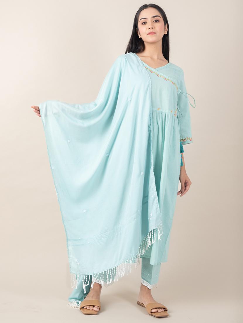 women three quarter sleeve kurta pant with dupatta set - 21975191 - Standard Image - 1