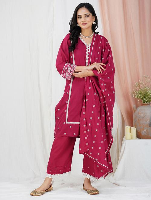 women three quarter sleeve kurta pant with dupatta set - 21975194 - Standard Image - 0
