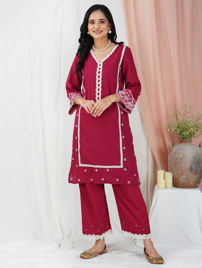 women three quarter sleeve kurta pant with dupatta set - 21975194 - Standard Image - 1