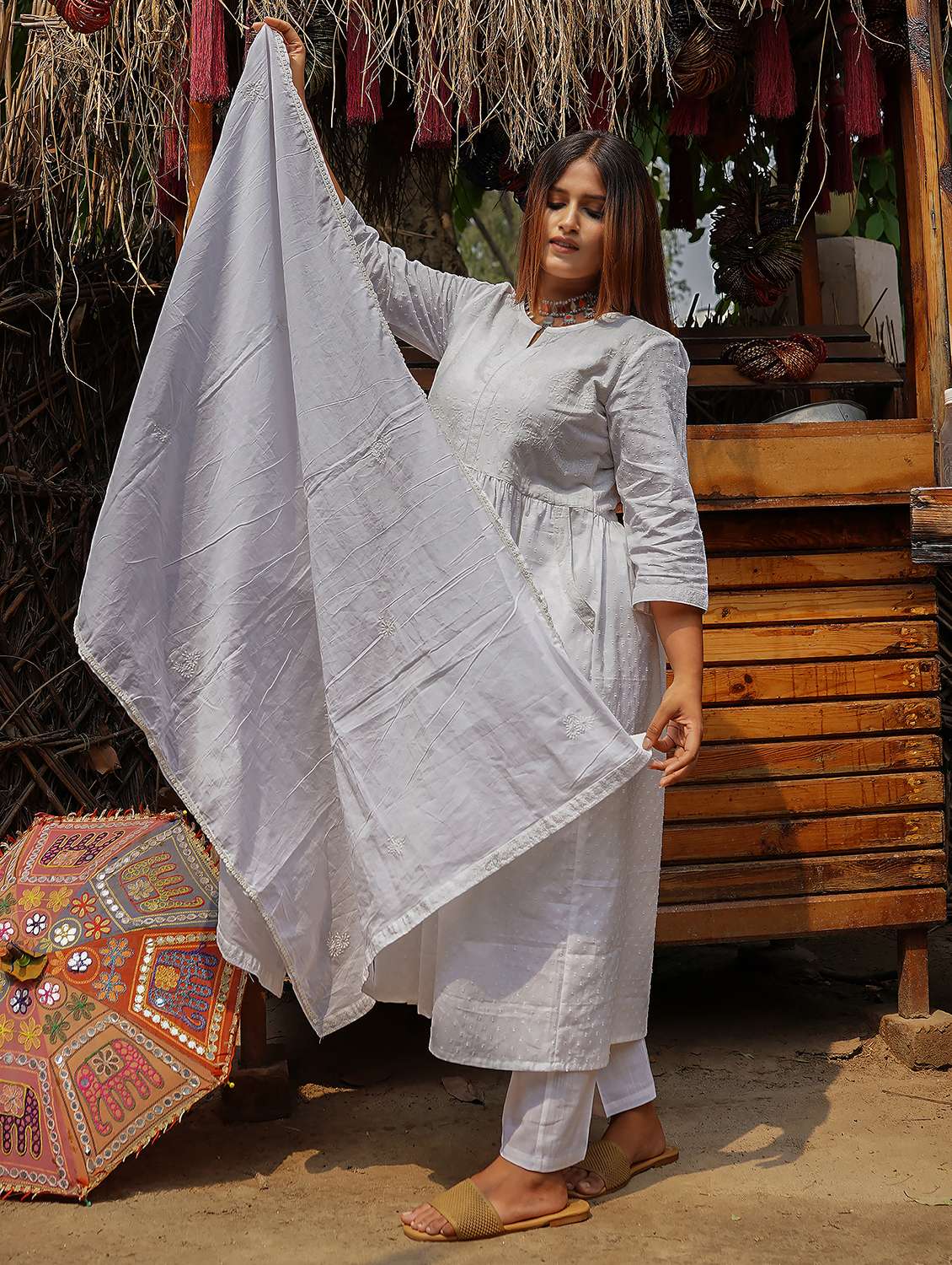 women three quarter sleeve kurta pant with dupatta set