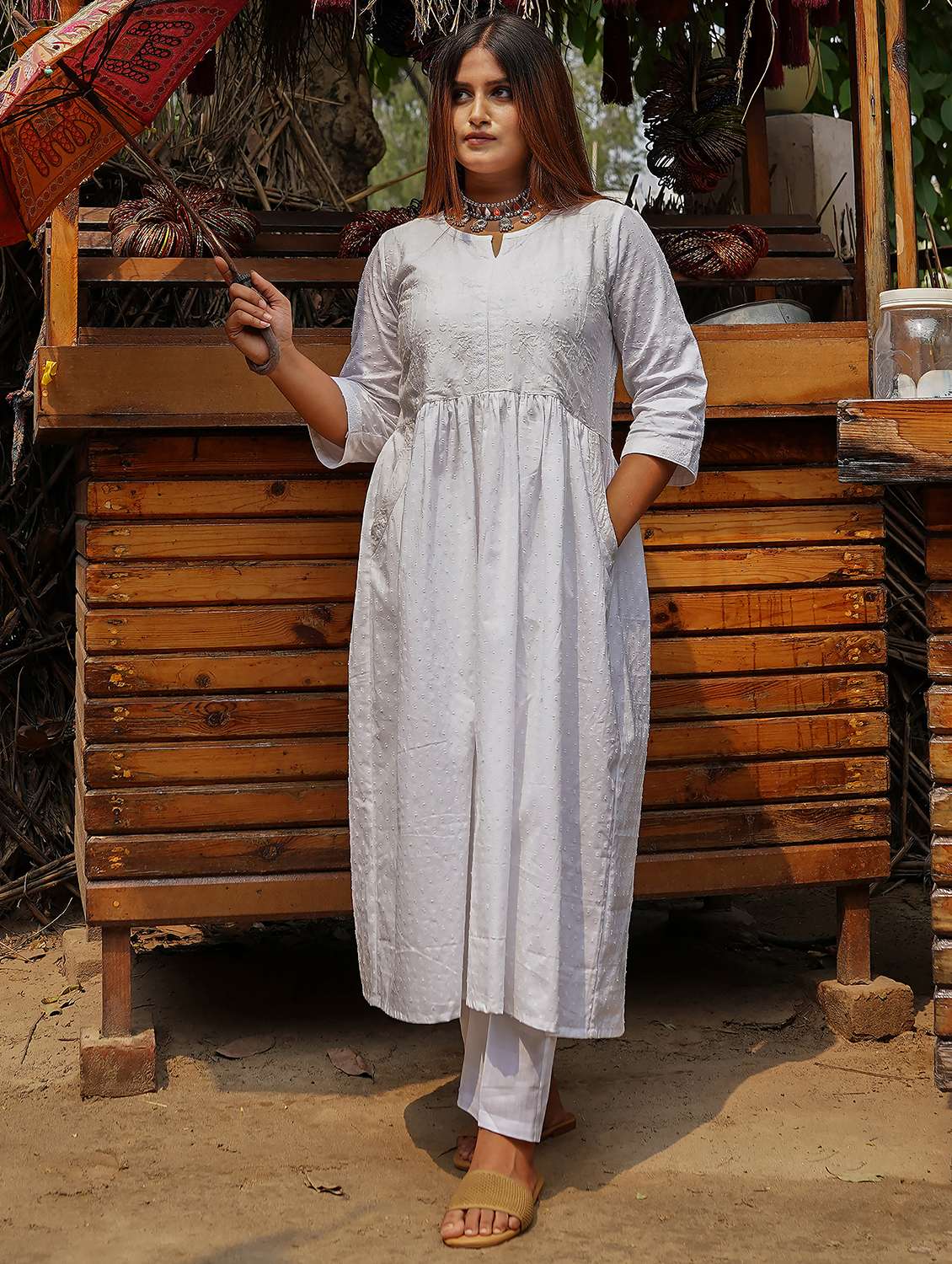 women three quarter sleeve kurta pant with dupatta set - 21975198 - Standard Image - 1