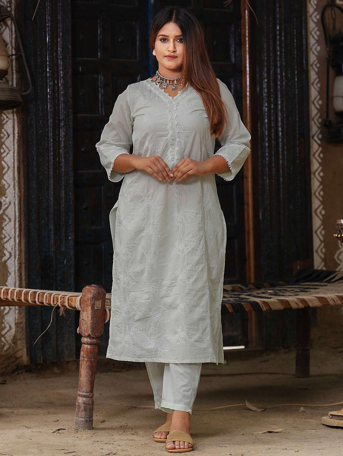 women three quarter sleeve kurta pant with dupatta set - 21975202 - Standard Image - 1