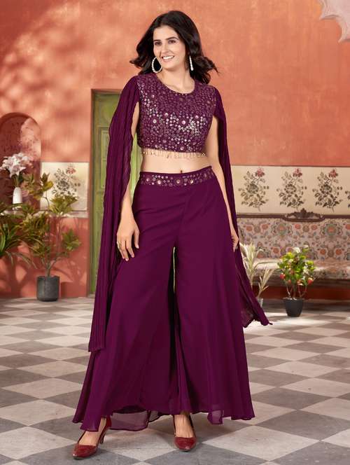 women solid with work round neck fusion set - 21975229 -  Standard Image - 0