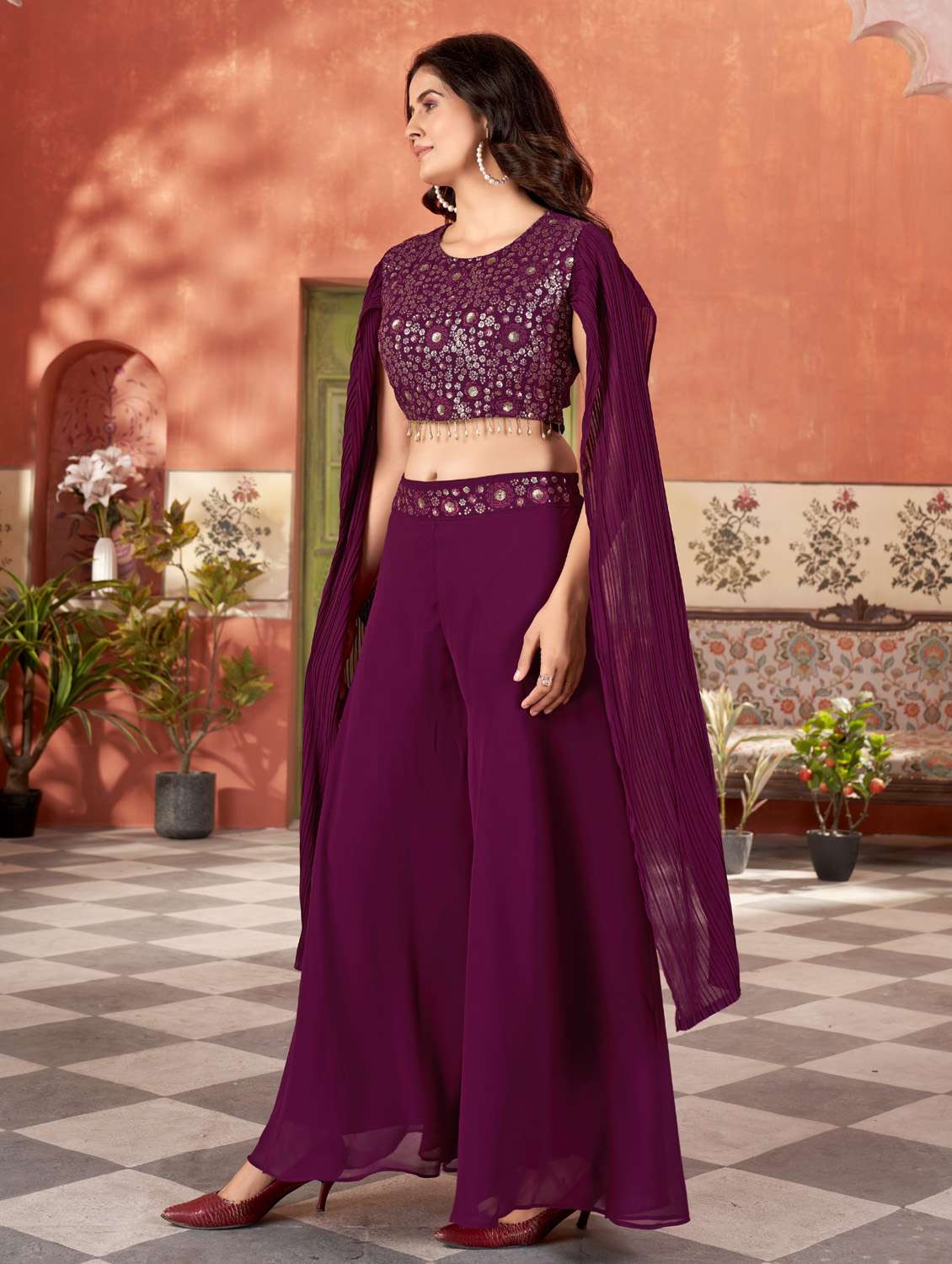 women solid with work round neck fusion set - 21975229 -  Standard Image - 1