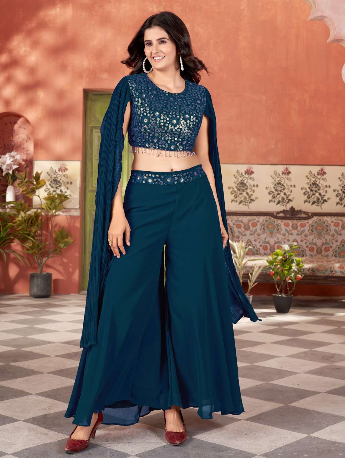 women solid with work round neck fusion set - 21975272 - Zoom Image - 0
