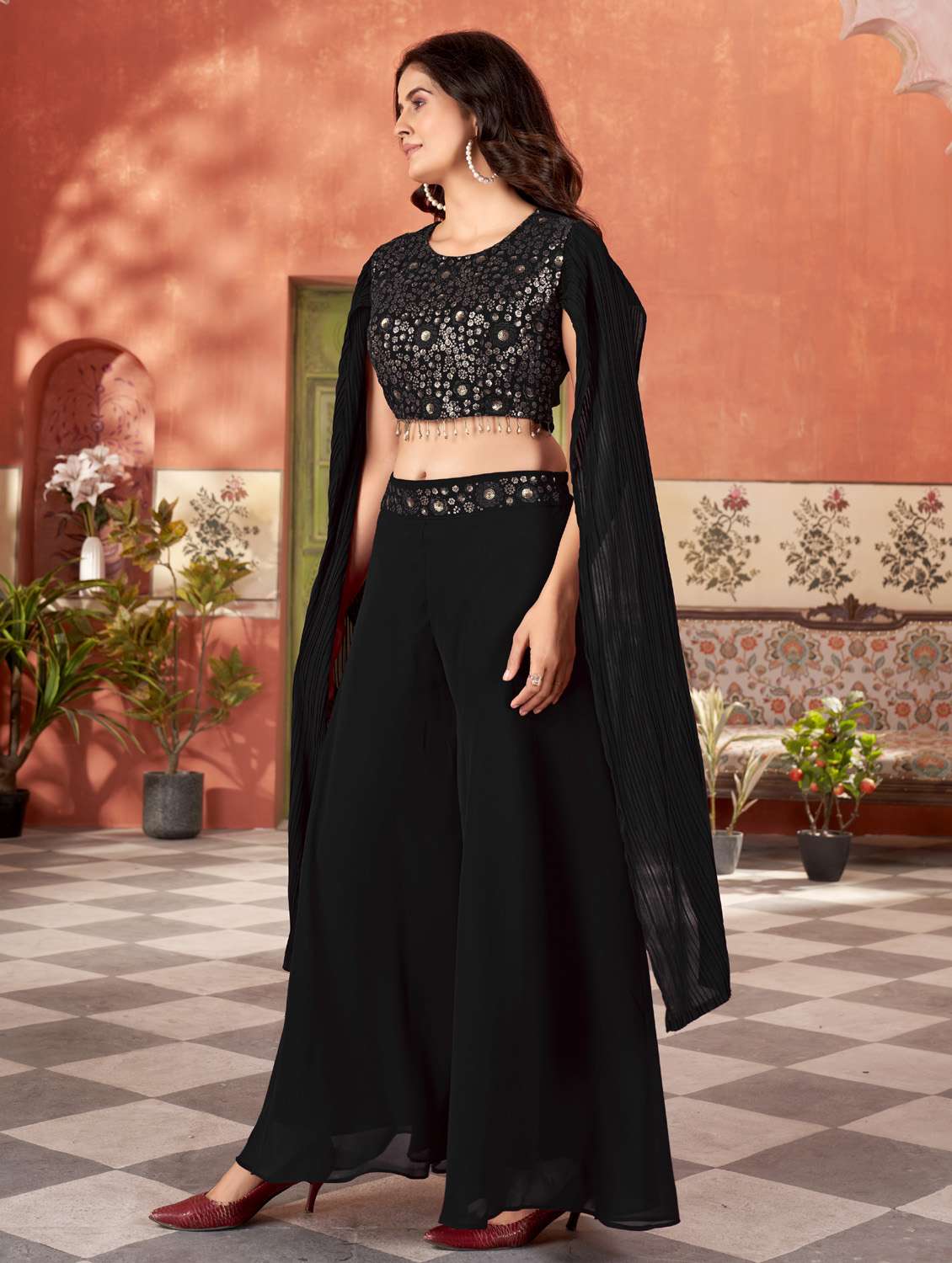 women solid with work round neck fusion set - 21975277 - Standard Image - 1