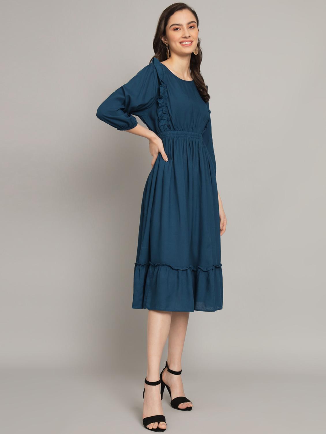 women solid three quarter sleeve tiered dress - 21975306 - Standard Image - 1