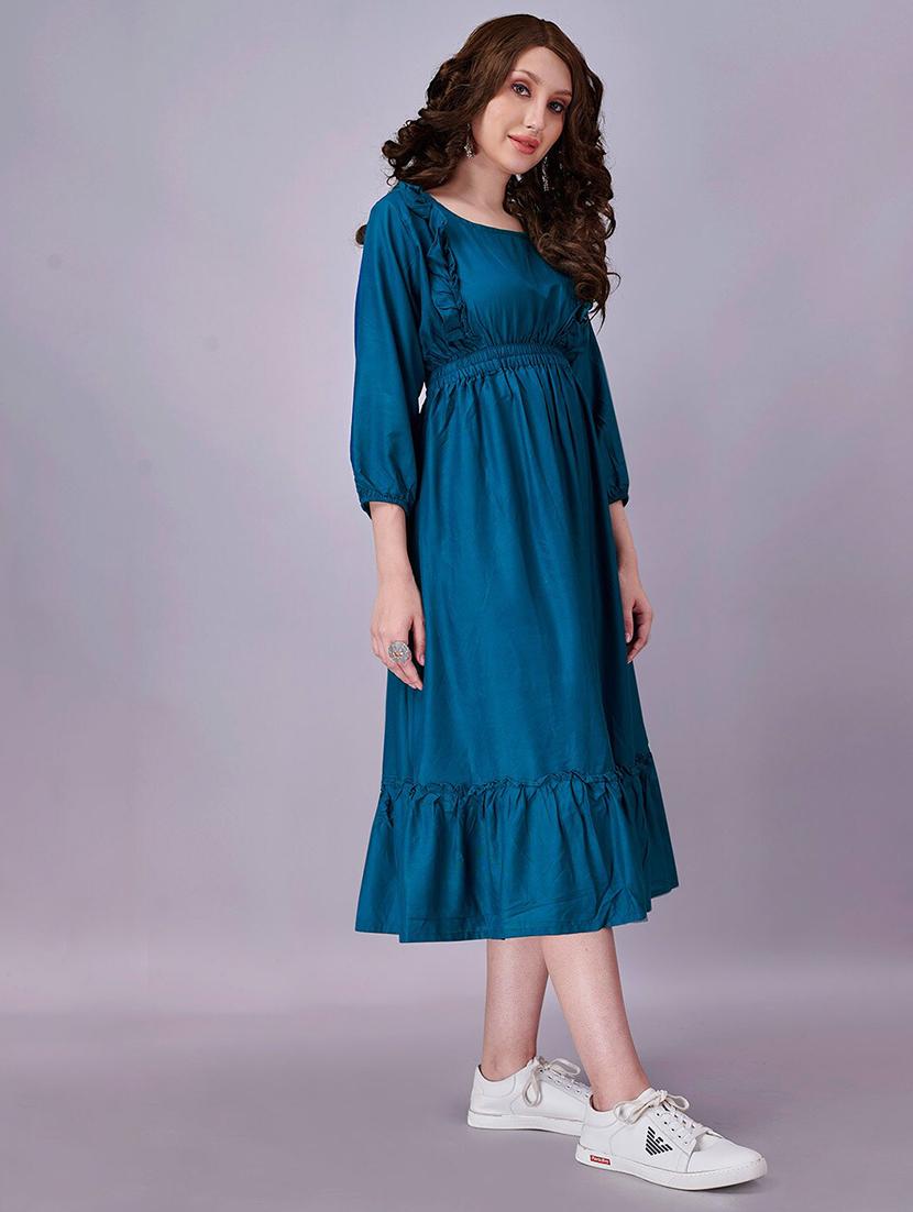 women solid three quarter sleeve tiered dress - 21975310 -  Standard Image - 1