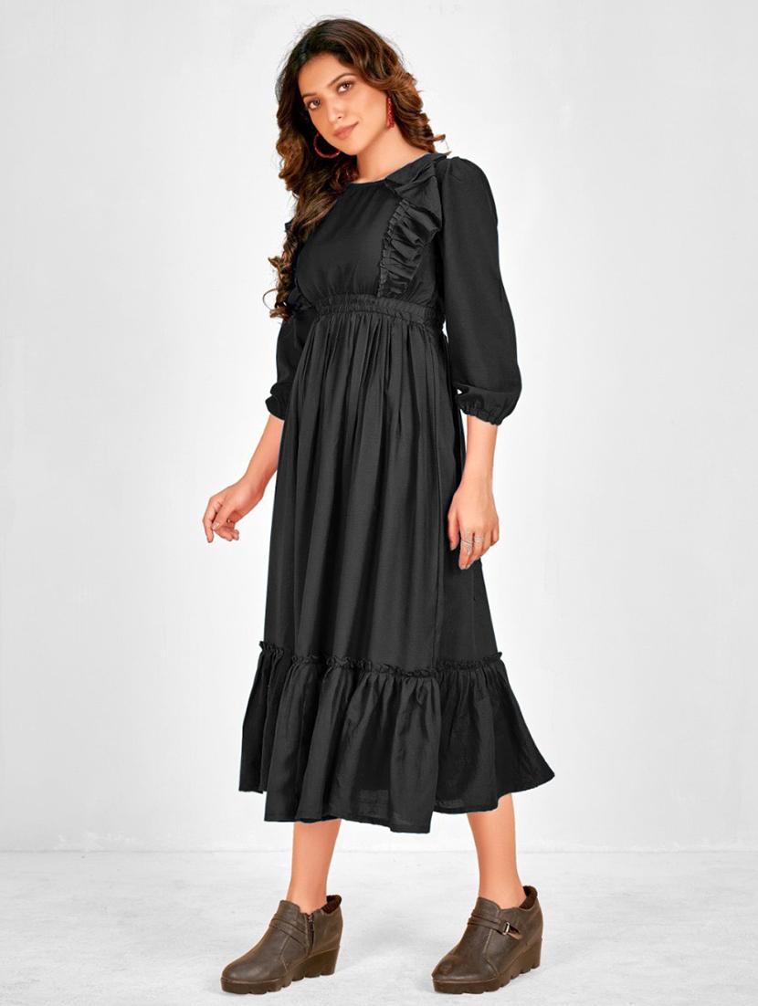 women solid puff sleeve tiered dress - 21975311 - Standard Image - 1