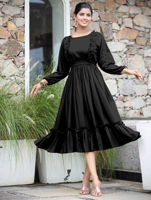 women solid three quarter sleeve tiered dress - 21975315 -  Standard Image - 0