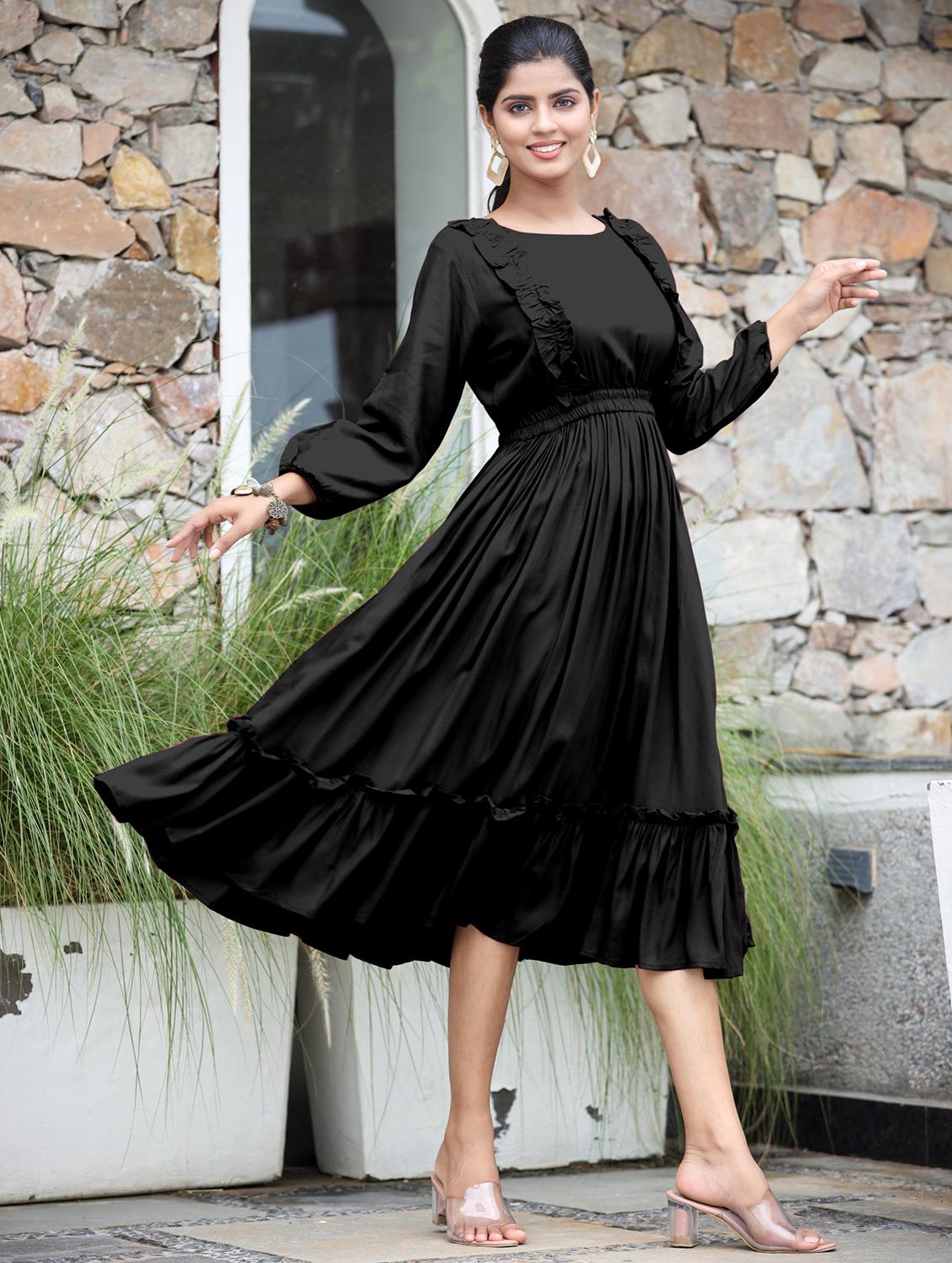 women solid three quarter sleeve tiered dress - 21975315 -  Standard Image - 1