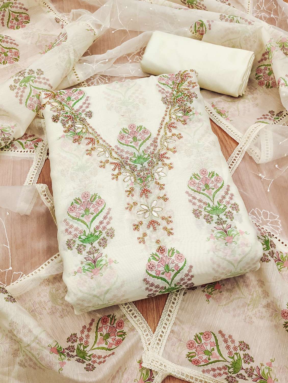 women printed embroidered unstitched suit set