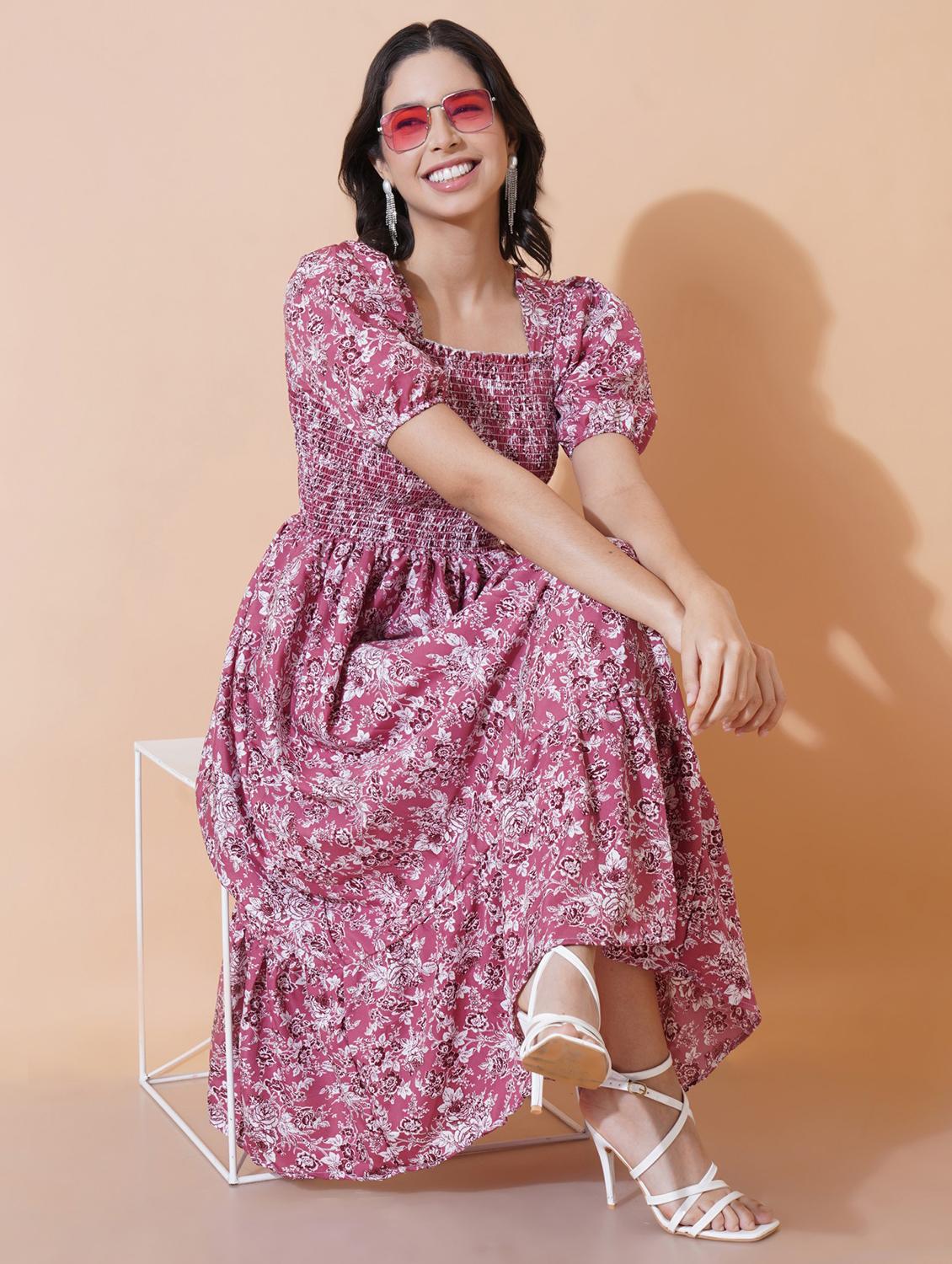 women pink printed puff sleeve tiered dress - 21975410 - Standard Image - 1