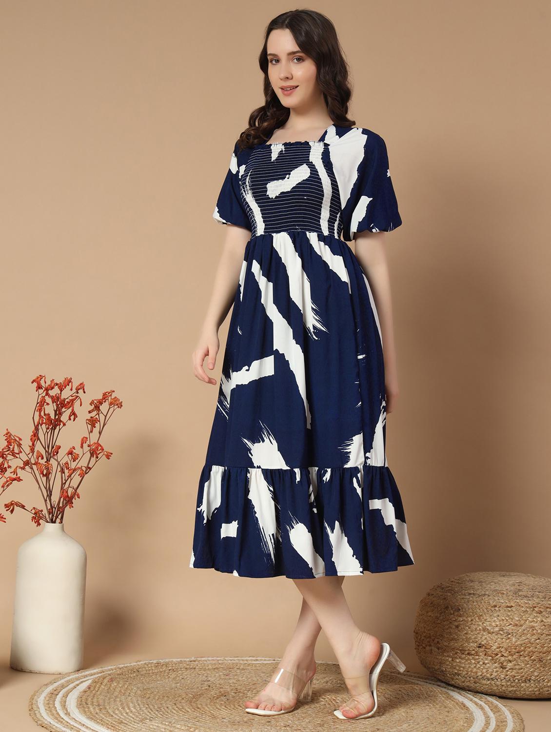 women navy blue printed puff sleeve tiered dress - 21975413 - Standard Image - 1