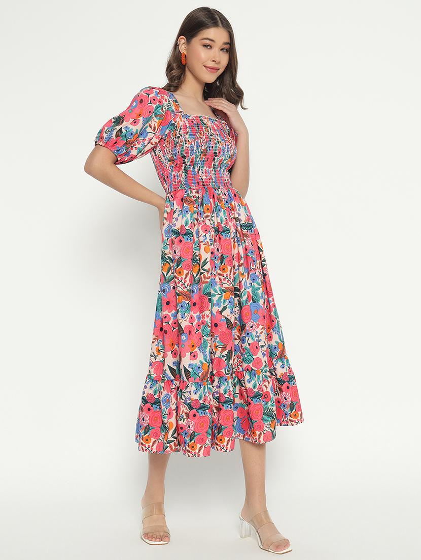 women printed puff sleeve tiered dress - 21975435 - Standard Image - 1
