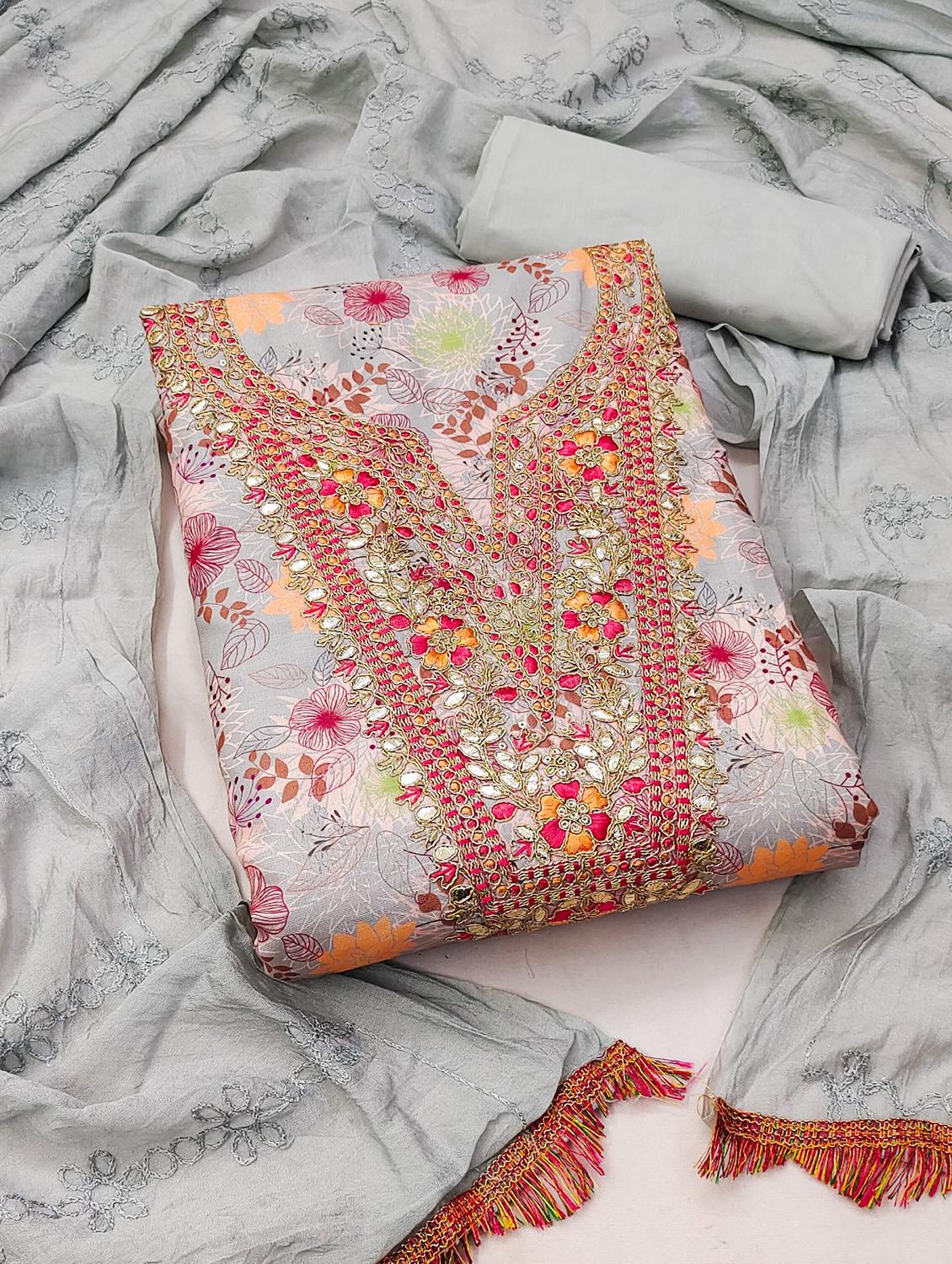 women printed embroidered unstitched suit set
