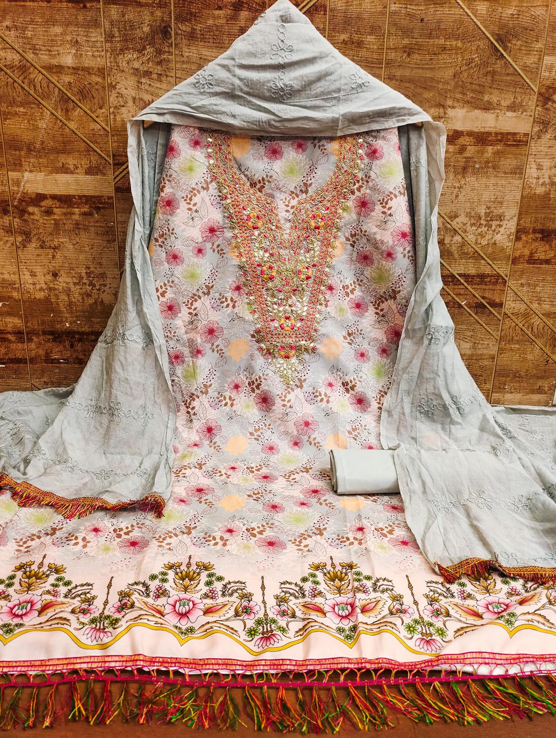 women printed embroidered unstitched suit set - 21975459 - Standard Image - 1