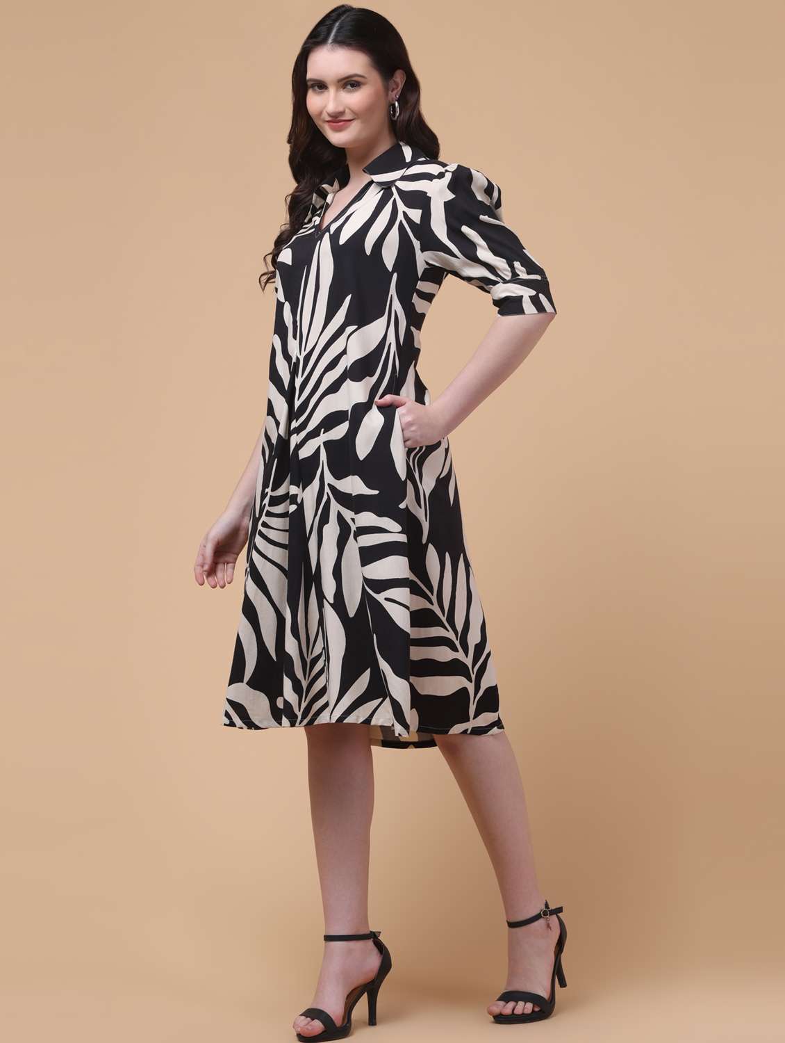 women black printed puff sleeve a-line dress - 21975507 -  Standard Image - 1