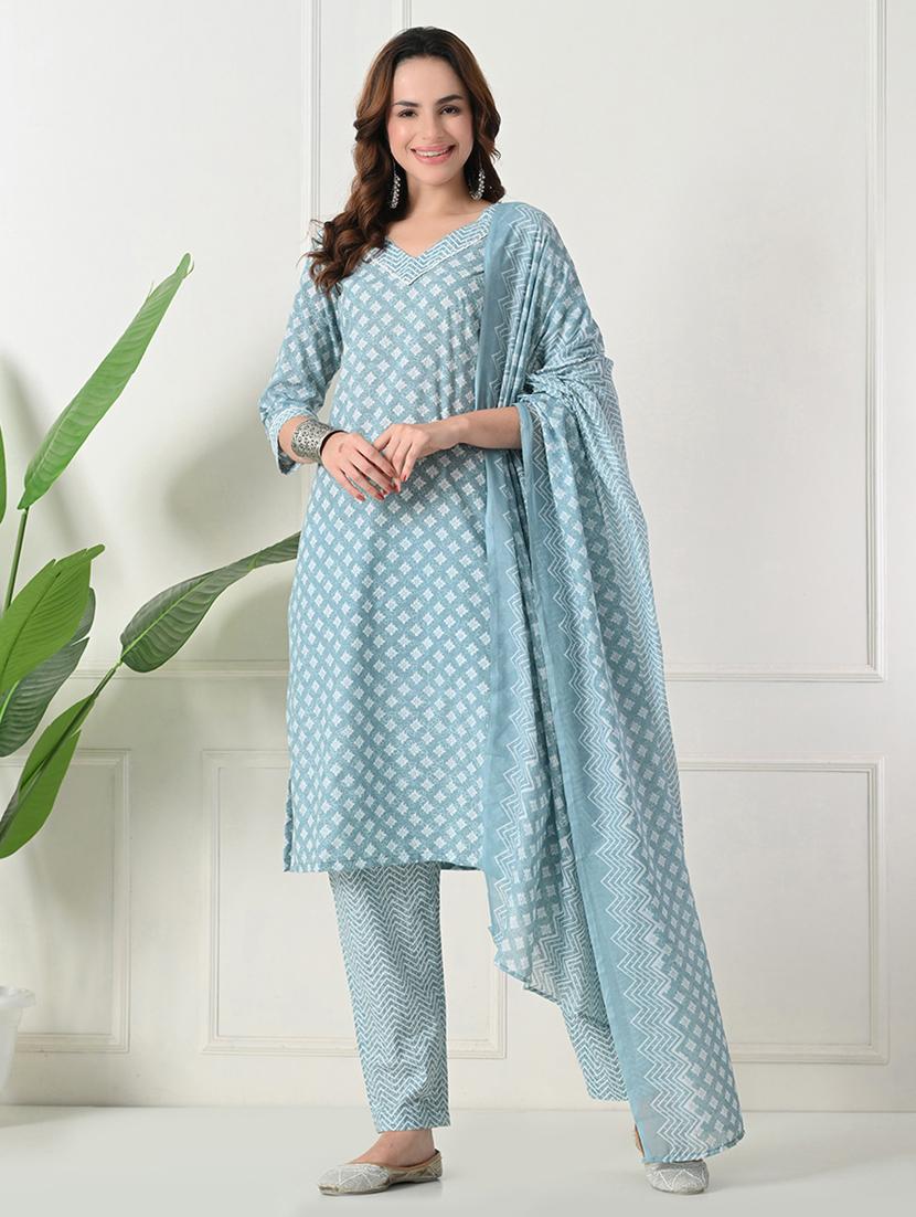 women three quarter sleeve kurta pant with dupatta set - 21975593 - Standard Image - 1