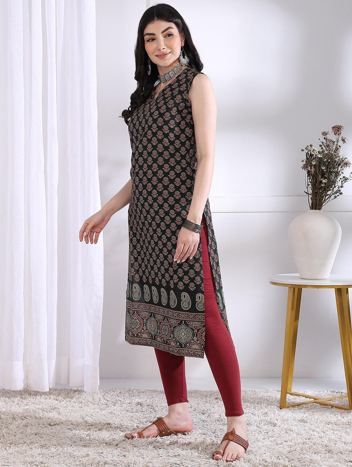 women printed sleeveless straight kurta - 21975787 -  Standard Image - 1