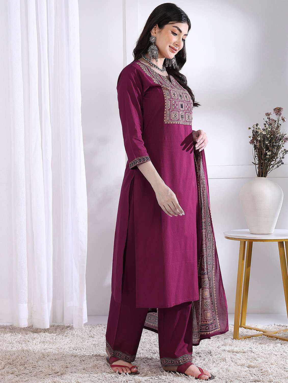 women three quarter sleeve kurta palazzo with dupatta set - 21975797 -  Standard Image - 1