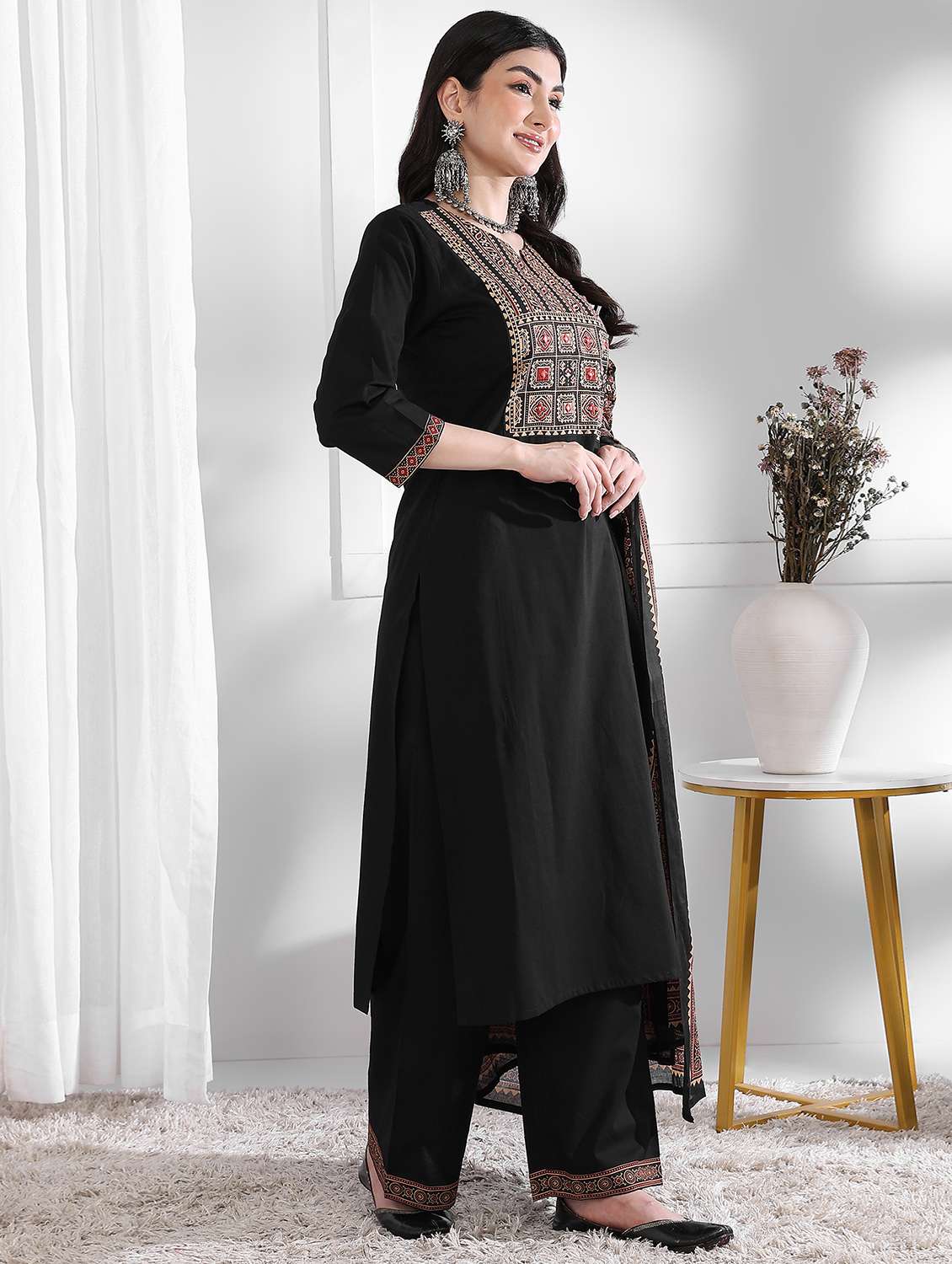 women three quarter sleeve kurta palazzo with dupatta set - 21975799 -  Standard Image - 1