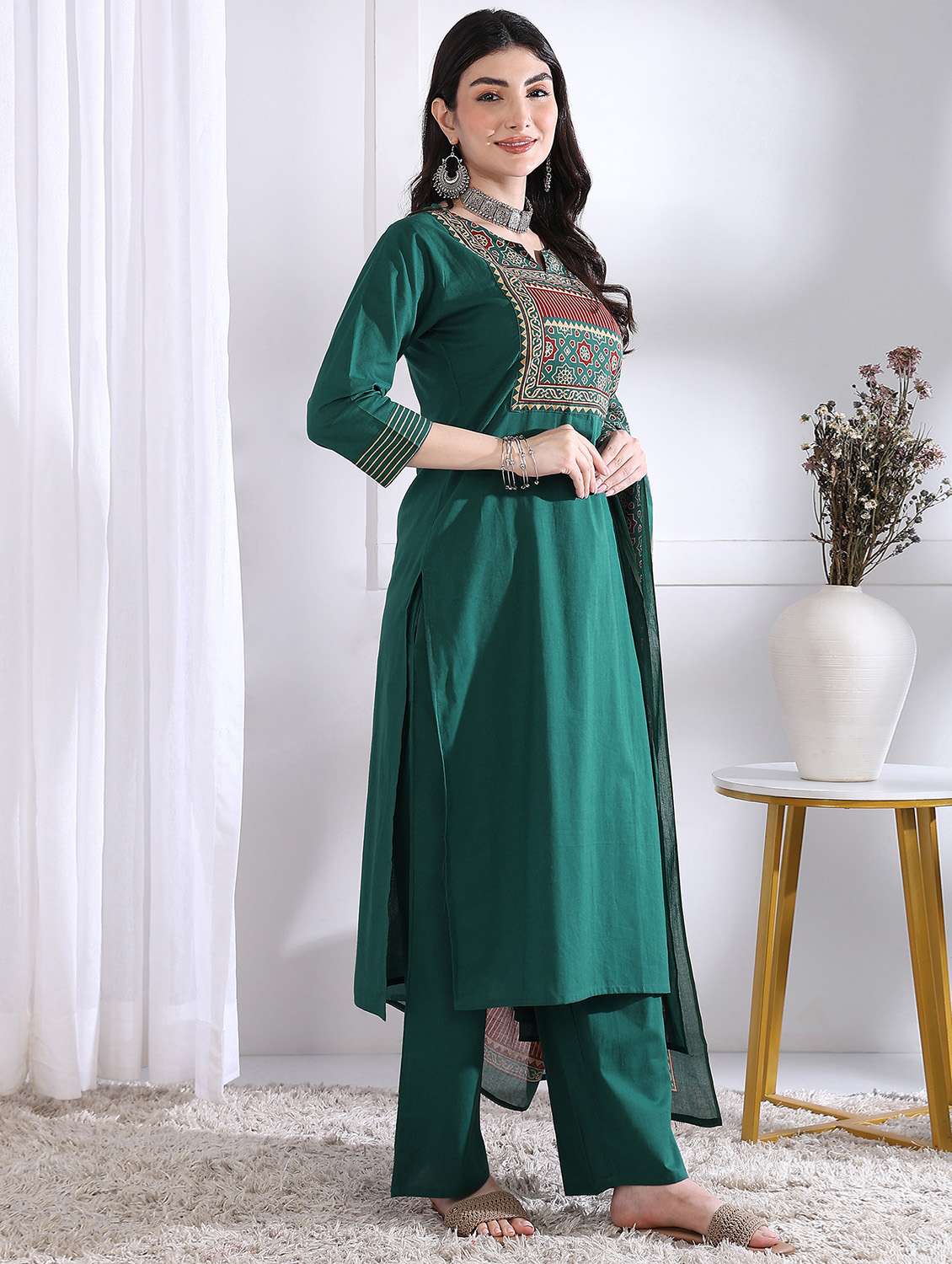 women three quarter sleeve kurta palazzo with dupatta set - 21975800 -  Standard Image - 1