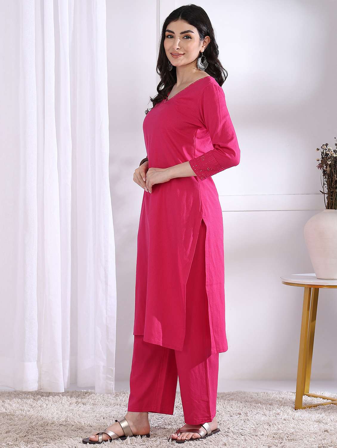 women solid three quarter sleeve kurta palazzo set - 21975803 -  Standard Image - 1