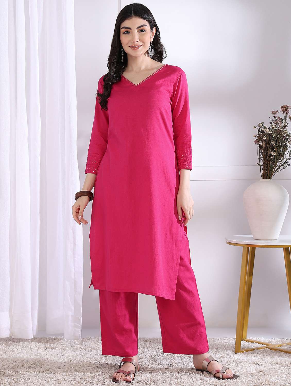 women solid three quarter sleeve kurta palazzo set - 21975803 -  Standard Image - 4