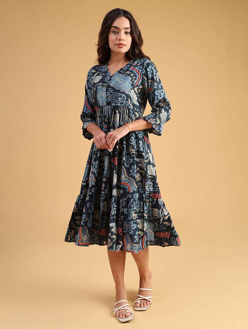 women printed three quarter sleeve tiered dress - 21975834 -  Standard Image - 1