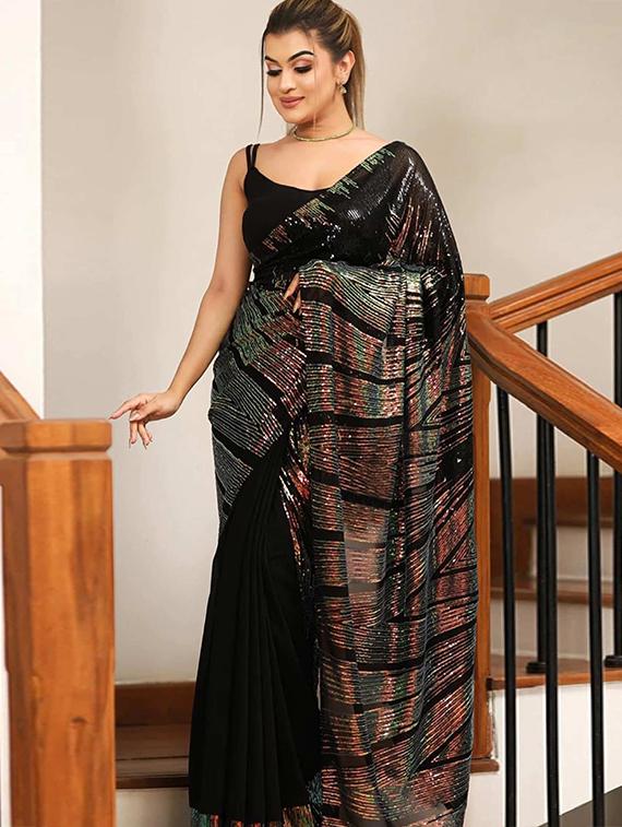 women black embellished saree with blouse - 21976135 - Standard Image - 1