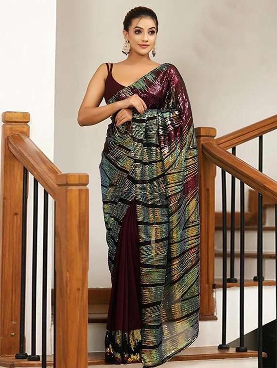 women maroon embellished saree with blouse - 21976136 -  Standard Image - 1