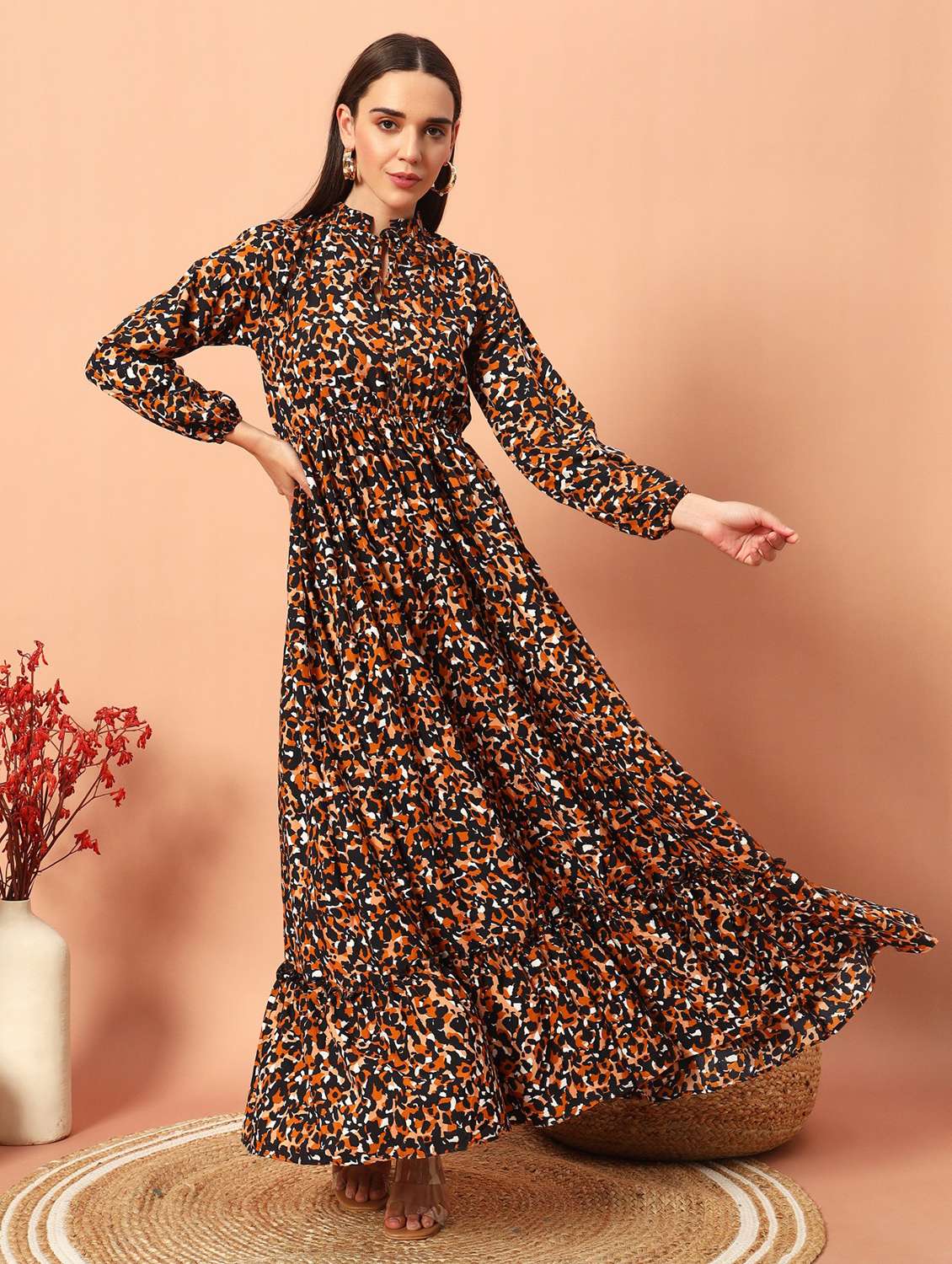women floral print puff sleeve tiererd maxi dress