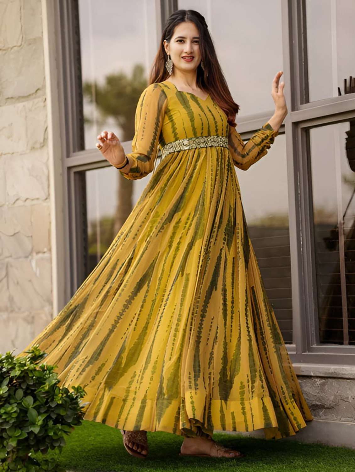 women printed long sleeve flared gown - 21976178 - Standard Image - 1