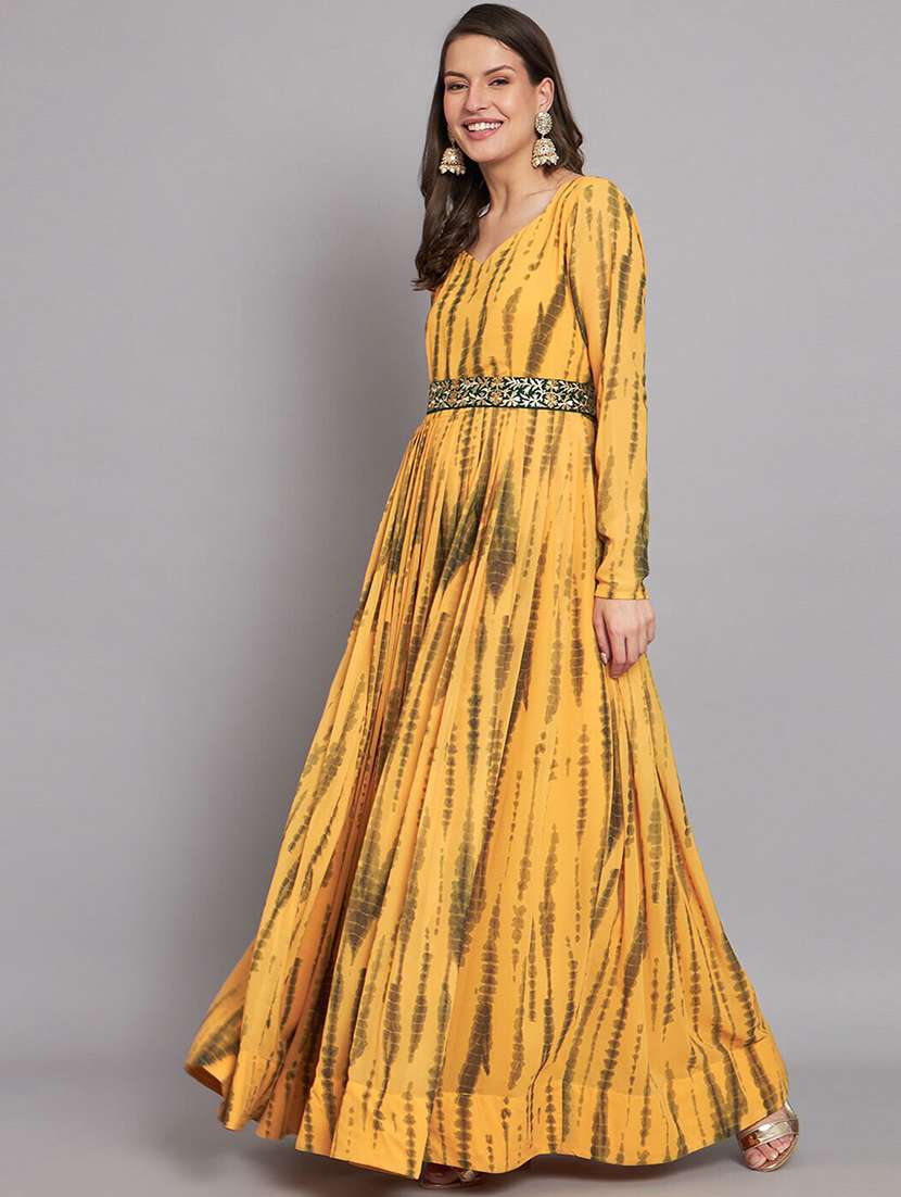 women printed long sleeve flared gown - 21976186 -  Standard Image - 1