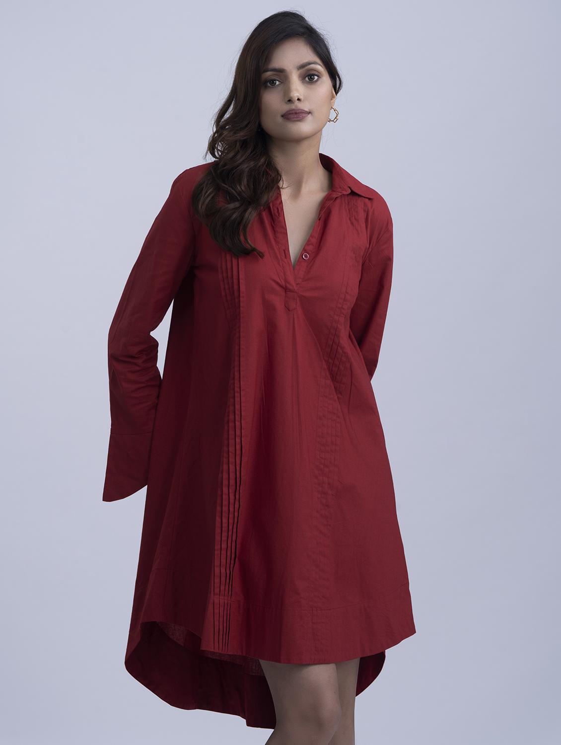 women solid collared long sleeve high low dress - 21976208 -  Standard Image - 1