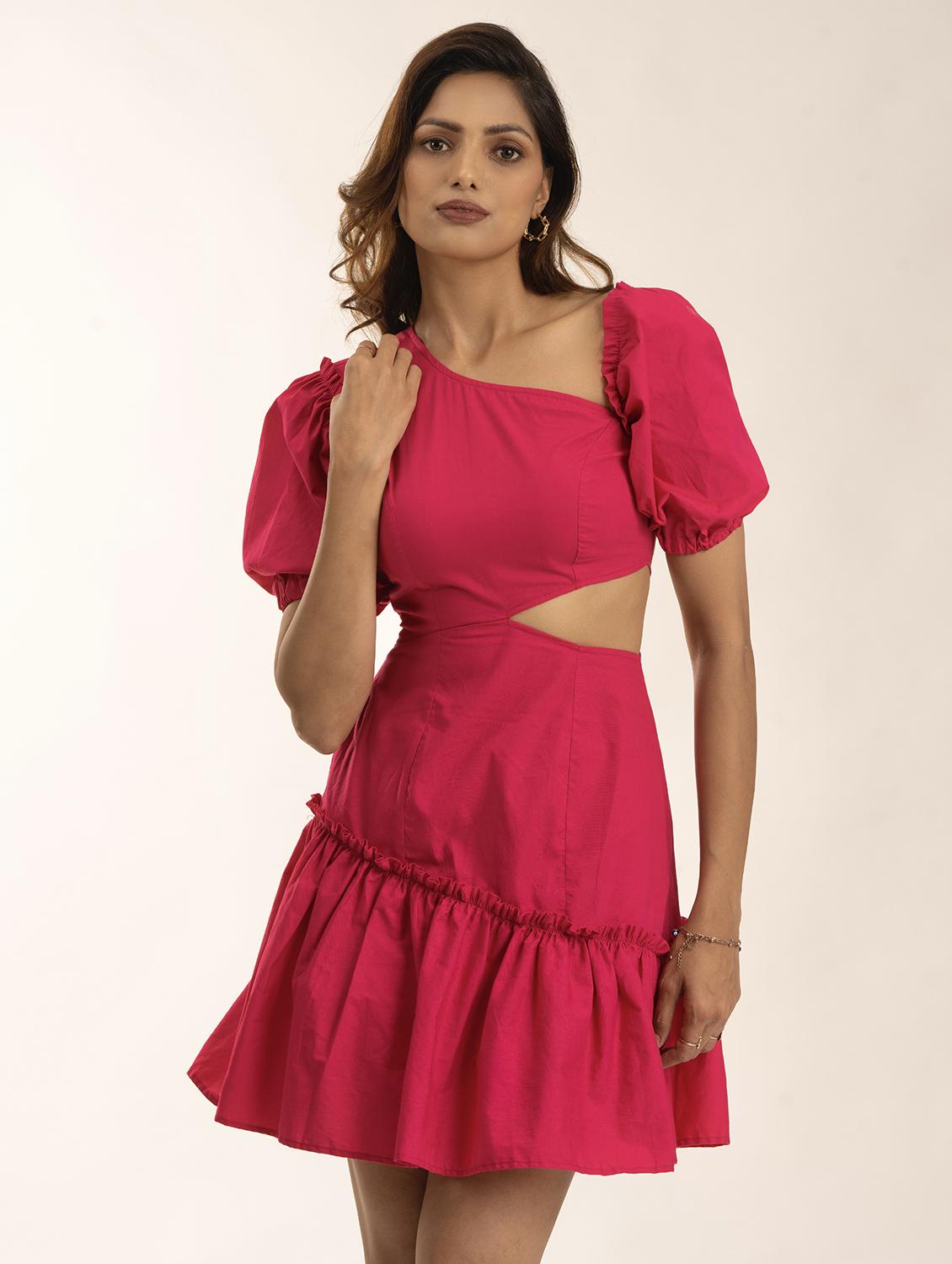 women solid puff sleeve cut out tiered dress - 21976210 - Zoom Image - 0