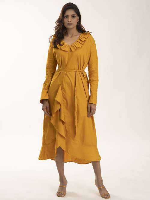 women yellow solid  long sleeve asymmetric dress - 21976212 -  Standard Image - 0
