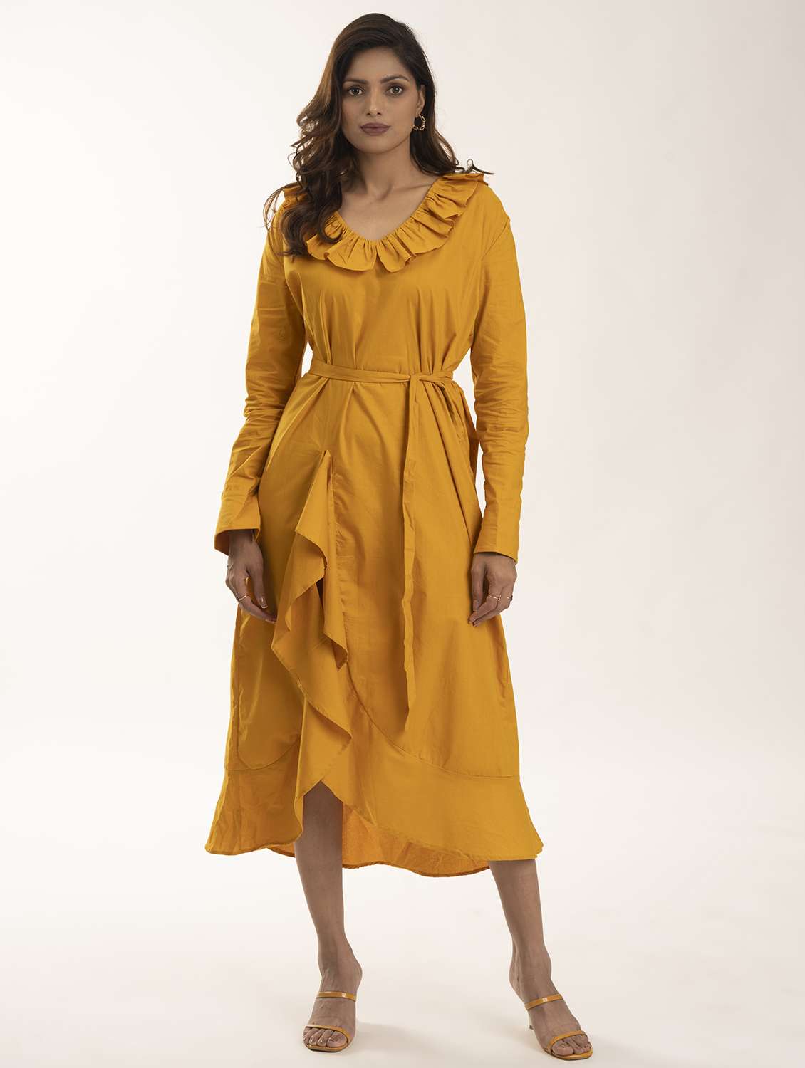 women yellow solid  long sleeve asymmetric dress - 21976212 -  Zoom Image - 0