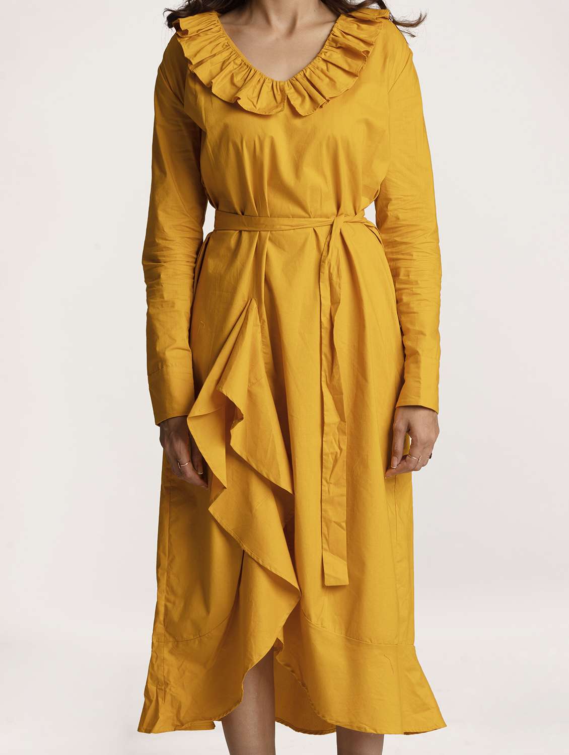 women yellow solid long sleeve asymmetric dress - 21976212 - Standard Image - 4