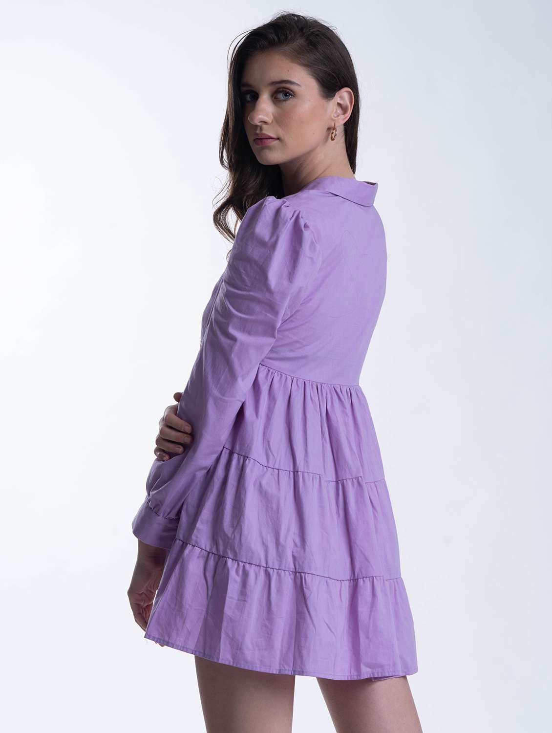 women lavender solid puff sleeve tiered dress - 21976213 - Standard Image - 1