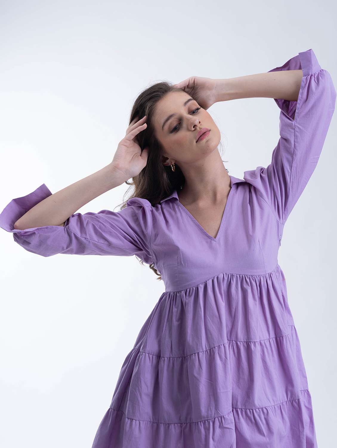 women lavender solid puff sleeve tiered dress - 21976213 - Standard Image - 4