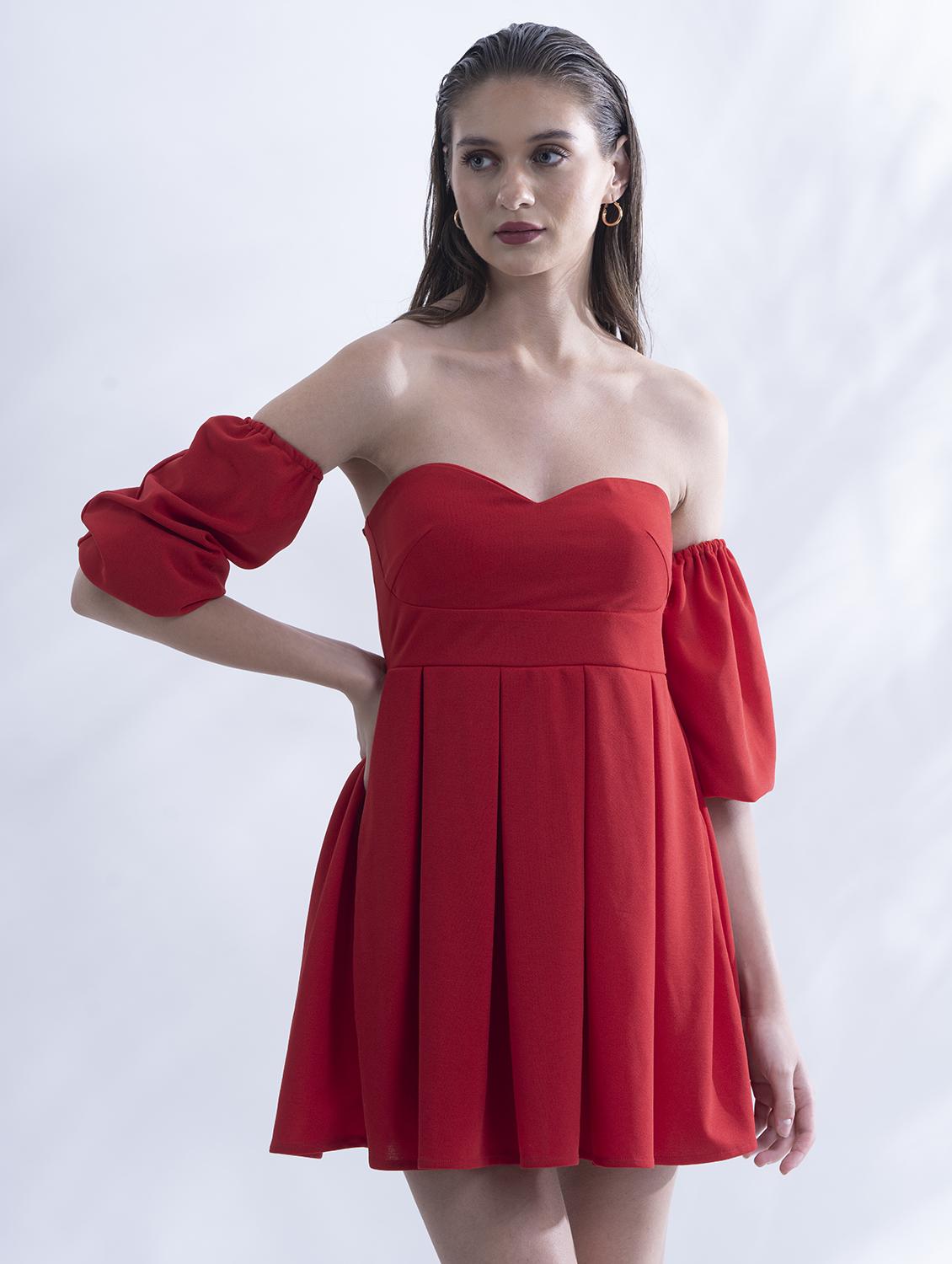 women red solid fit and flared tube dress - 21976214 - Standard Image - 1