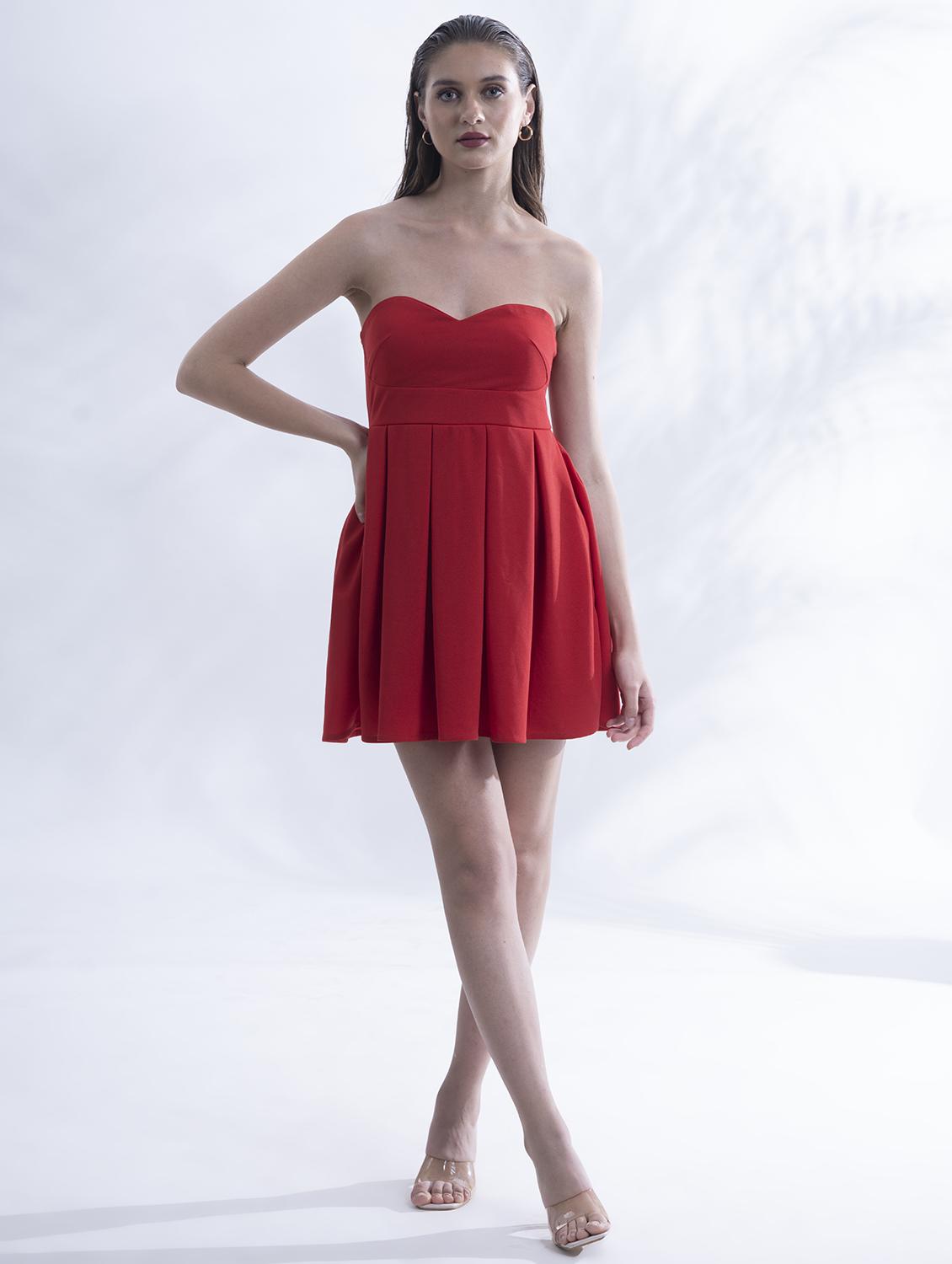 women red solid fit and flared tube dress - 21976214 - Standard Image - 4