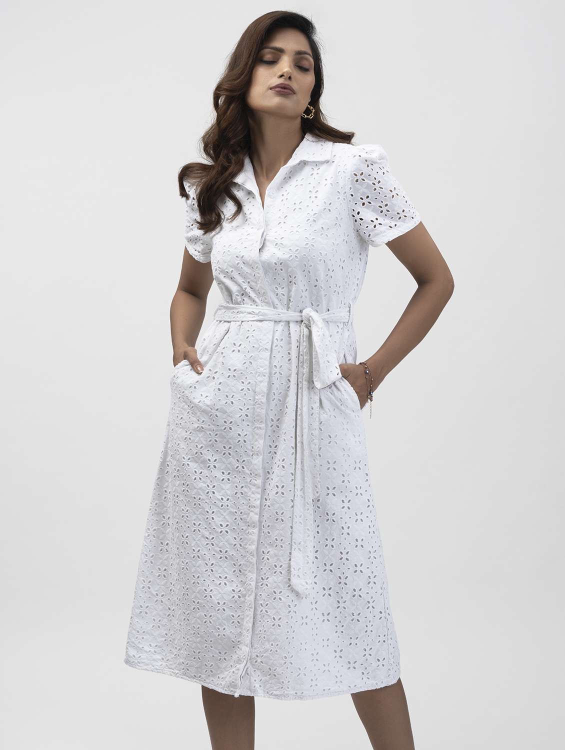white self designed collared schiffli a-line dress