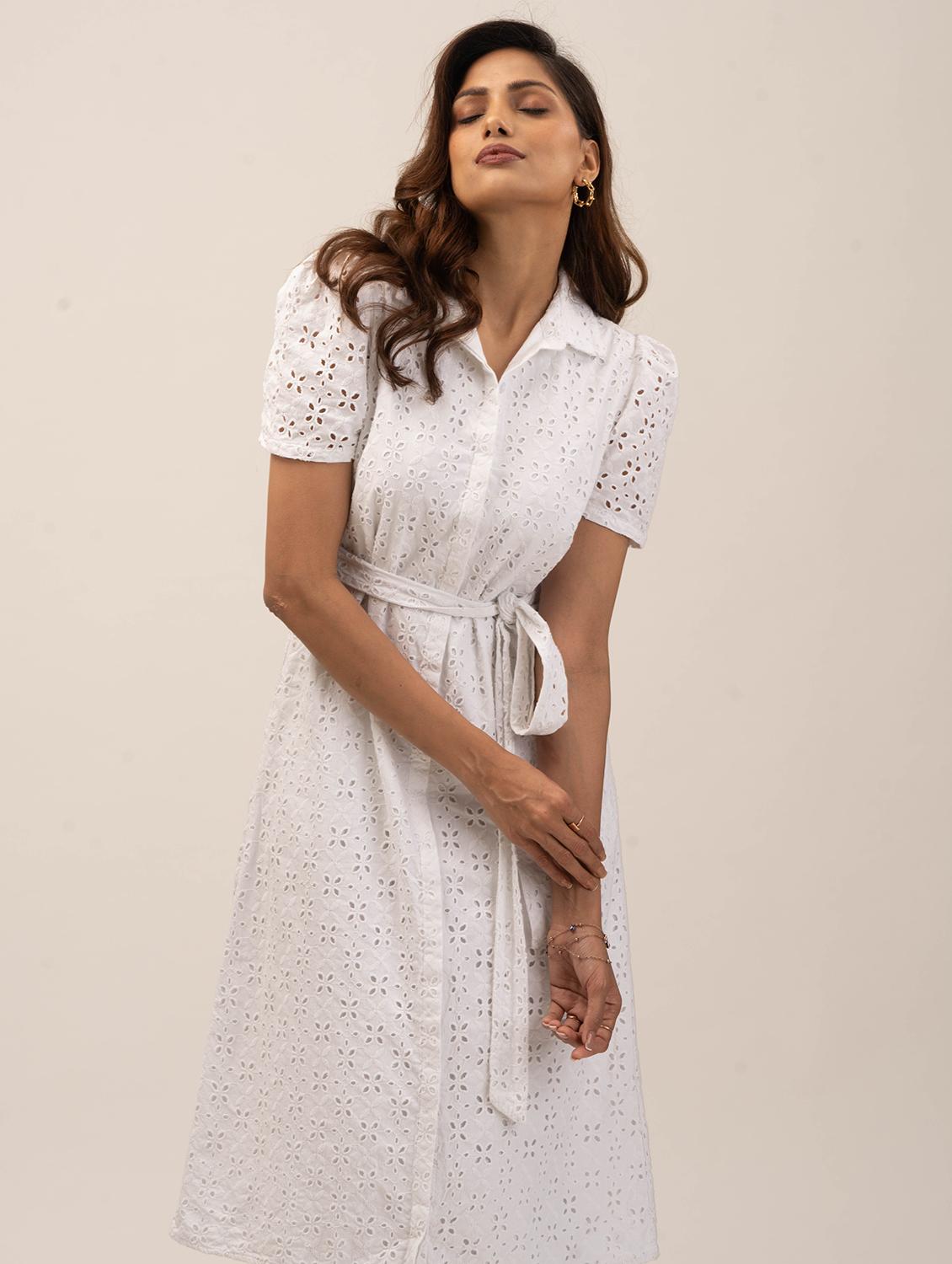white self designed collared schiffli a-line dress - 21976216 -  Standard Image - 1