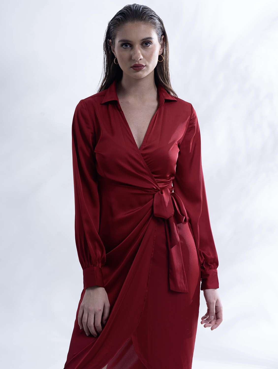 maroon solid long sleeve collared wrap dress - 21976217 - Standard Image - 1