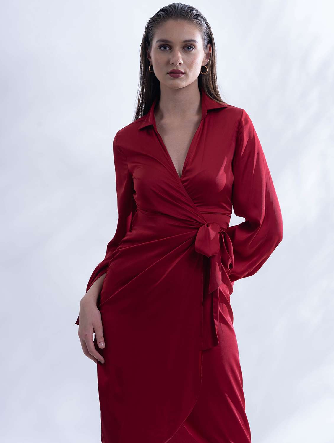 maroon solid long sleeve collared wrap dress - 21976217 - Standard Image - 4